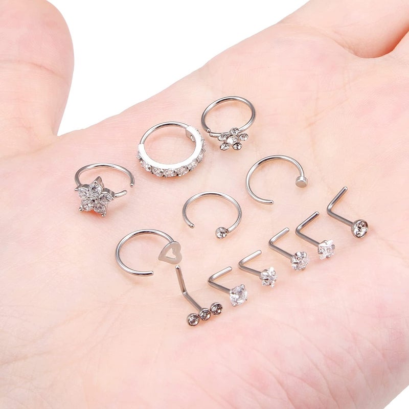 Ftovosyo 18G 20G Nose Rings Surgical Steel Nose Rings Hoop for Women Men Paved CZ Flower Nostril Piercing Jewelry L Shaped Nostril Ring Stud Set - Image 5